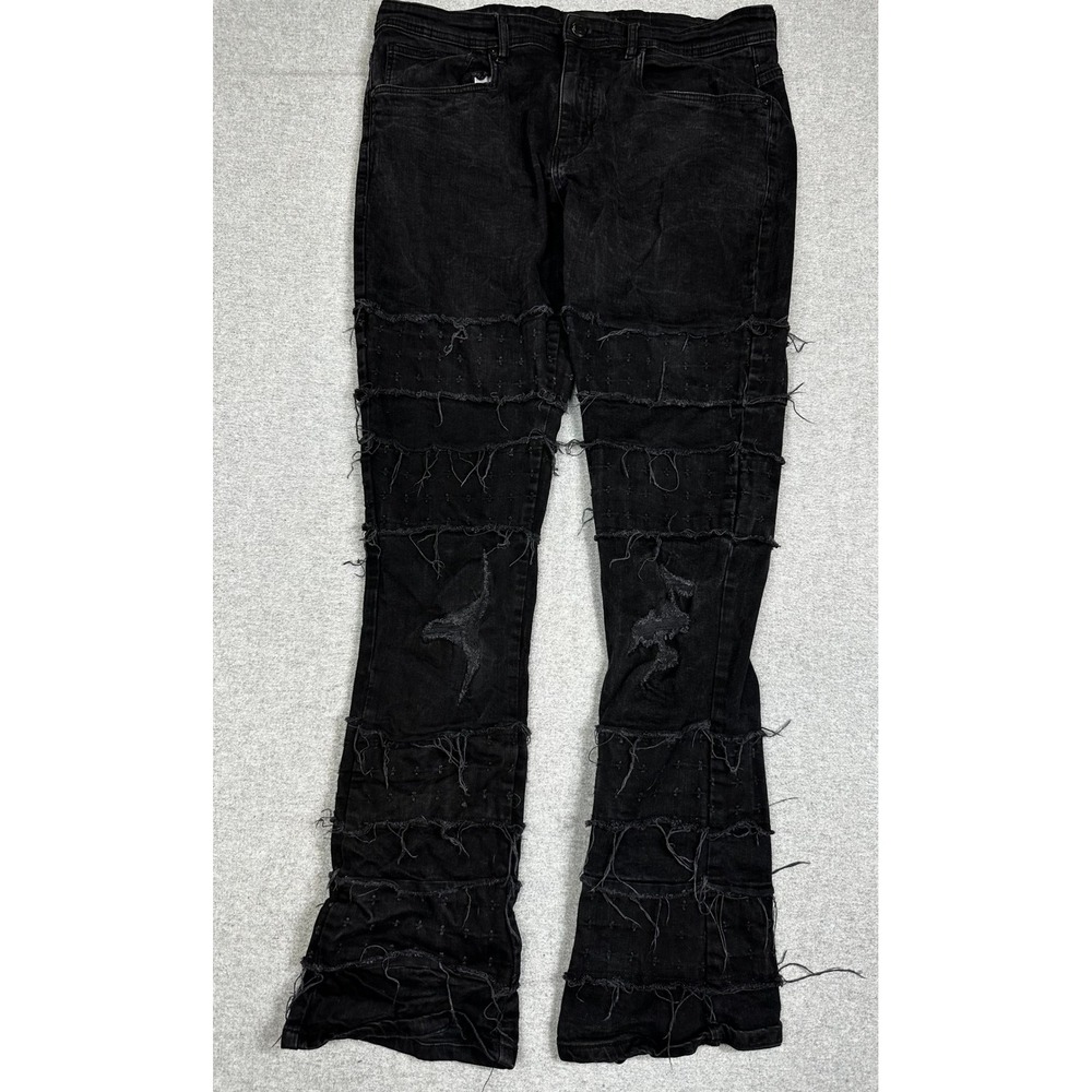Arketype Tiered Stacked Jeans Mens 40x36 Black Distressed Frayed Flare Denim